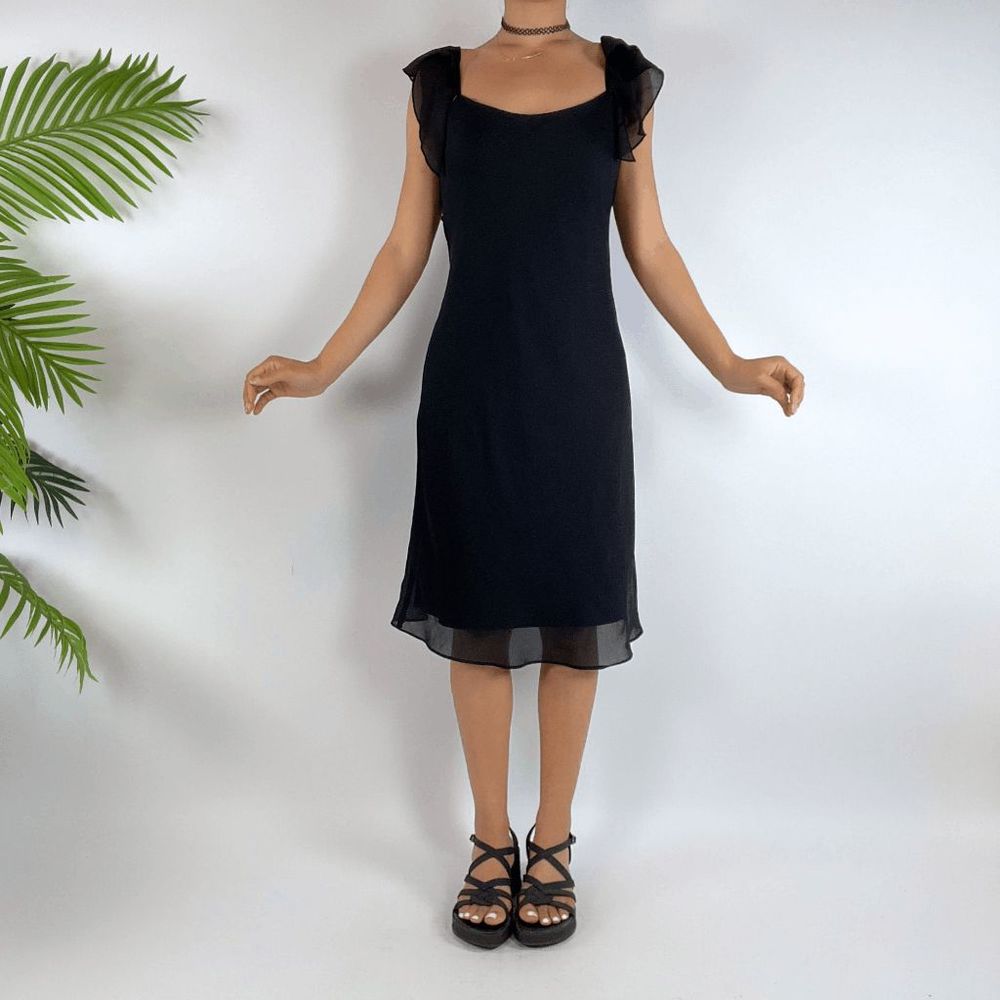 Vintage 90s Grunge Black Chiffon Coquette Fairy Hem Midi Dress / Size: 2 - Picture 3 of 5